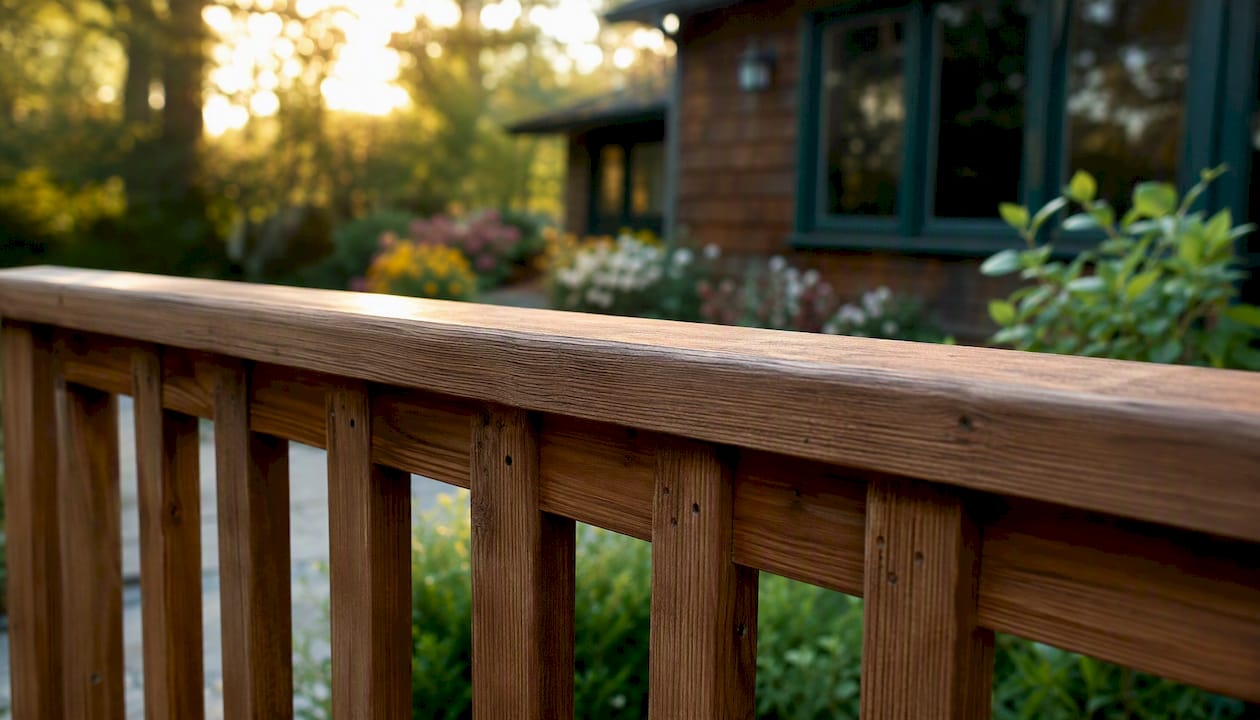 Close-up of classic wooden deck railing