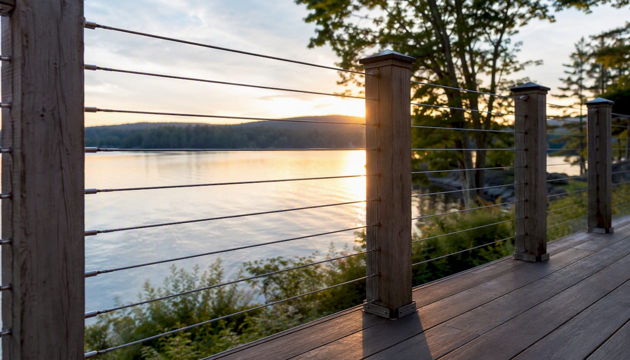 Cable railing overlooking lake view