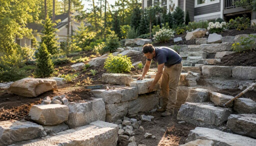 Landscaper building stone terraces on sloped yard