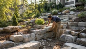 Landscaper building stone terraces on sloped yard