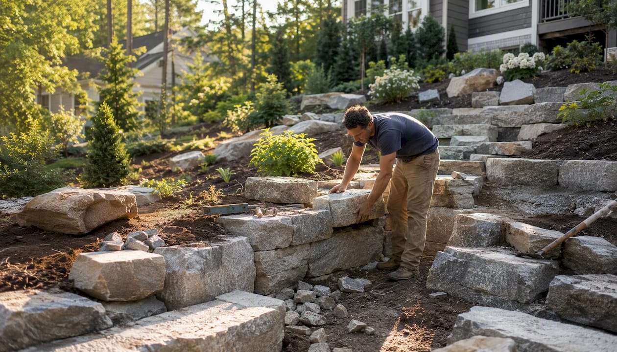 Landscaper building stone terraces on sloped yard