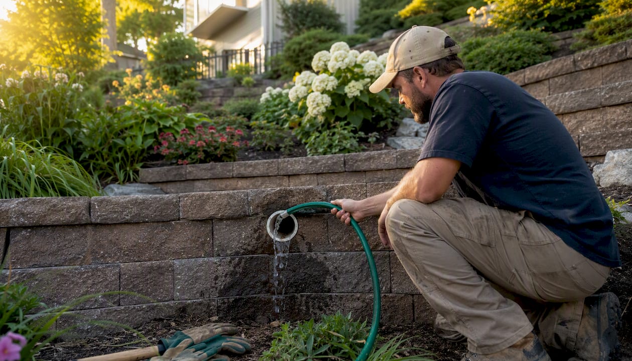 Landscaper testing drain outlet on retaining wall