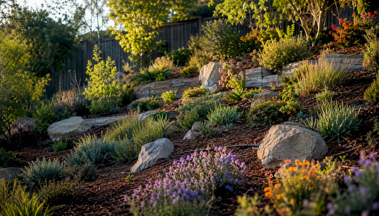 Native plants stabilizing soil on landscaped slope