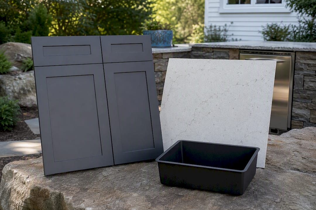 Outdoor kitchen material samples on deck surface