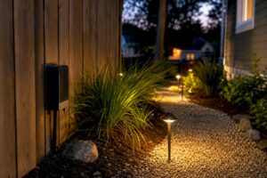Low-voltage landscape lighting on residential walkway at dusk