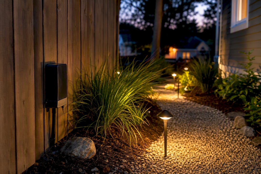 Low-voltage landscape lighting on residential walkway at dusk