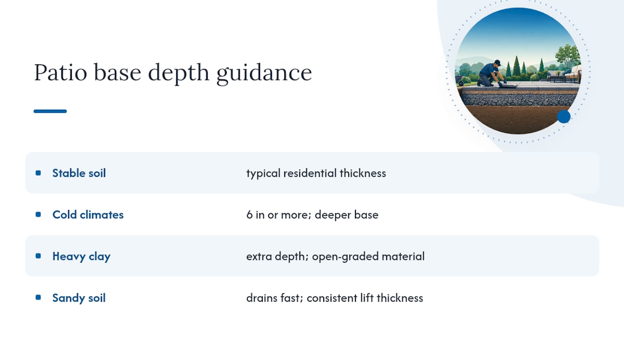 Recommended patio base depths by soil and climate