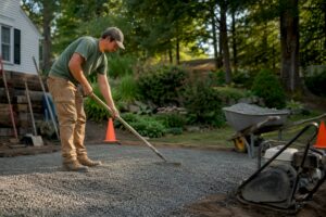Landscaper spreading crushed gravel patio base