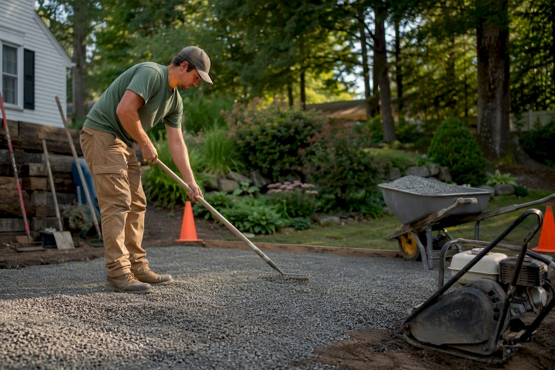 Landscaper spreading crushed gravel patio base