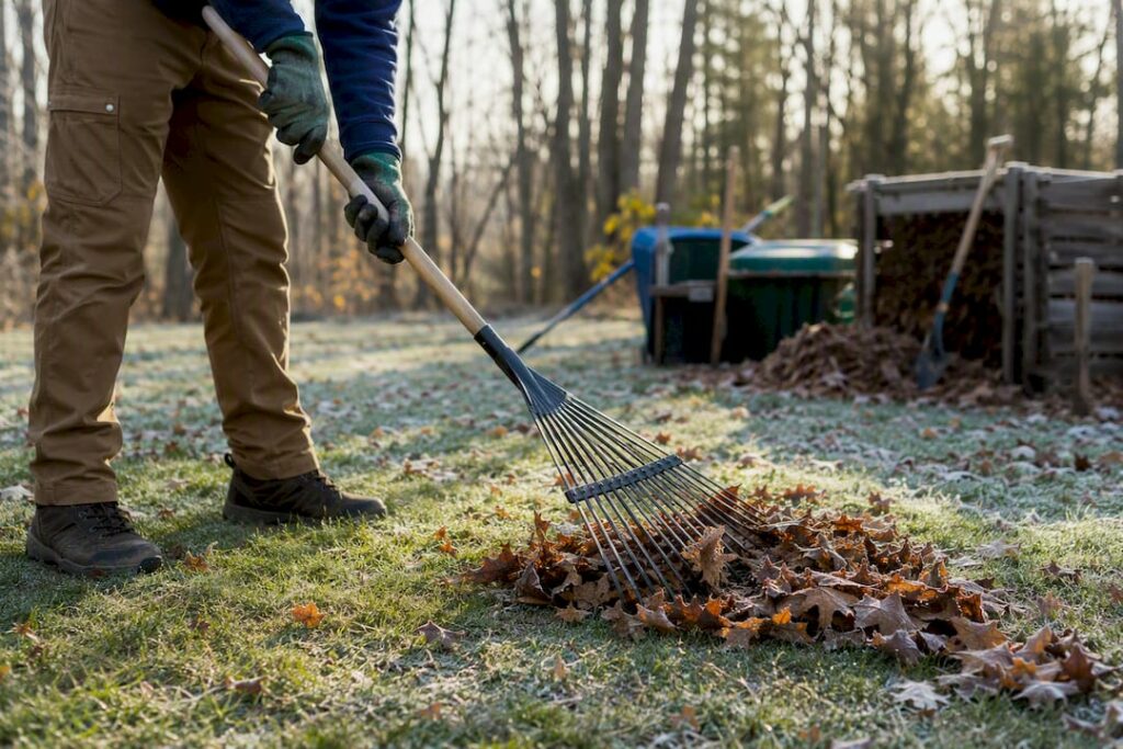 Hands raking leaves on dormant lawn