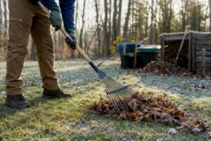 Hands raking leaves on dormant lawn