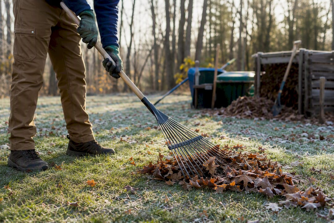 Hands raking leaves on dormant lawn