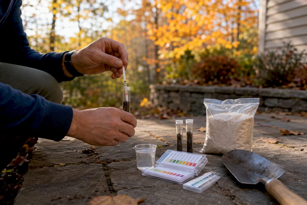 Hands testing soil pH in backyard