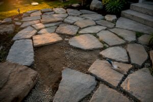 Close-up natural stone patio installation outdoors