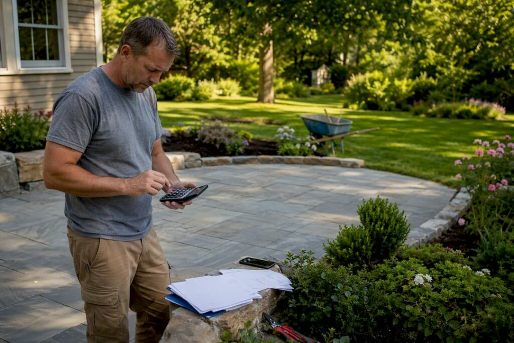 Homeowner calculating landscaping financing outdoors