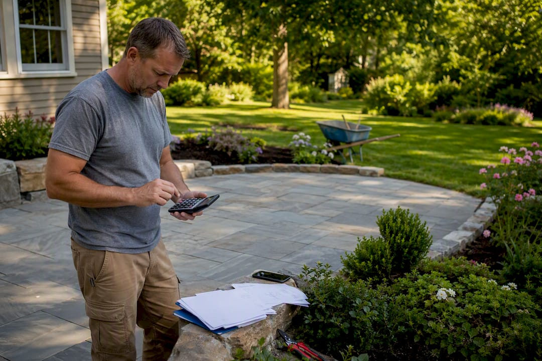 Homeowner calculating landscaping financing outdoors