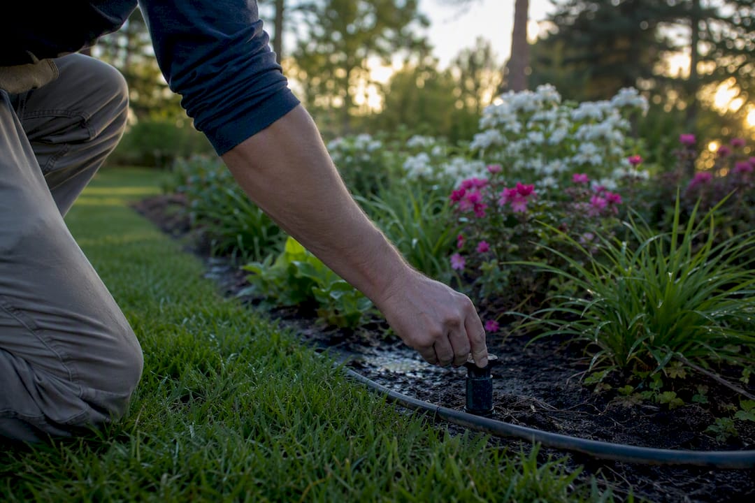 Hand adjusting sprinkler head outdoors