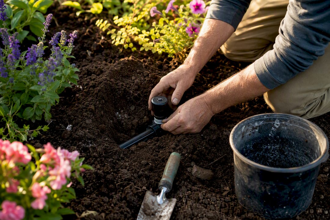 Hands installing sprinkler system in yard soil