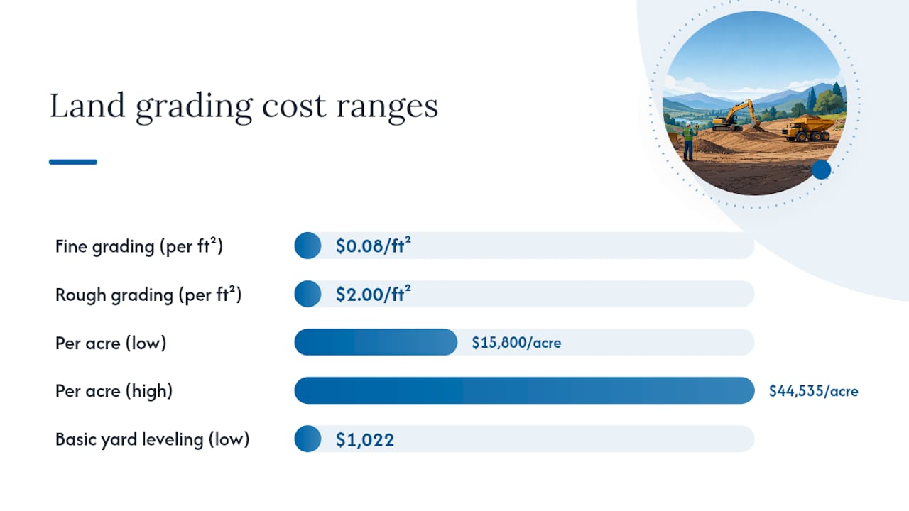 Bar chart comparing land grading costs per square foot and acre