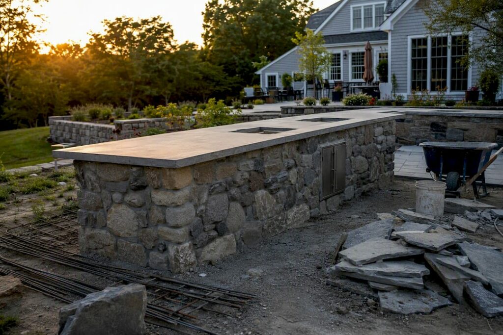 Partially built outdoor kitchen in backyard