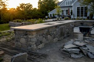 Partially built outdoor kitchen in backyard