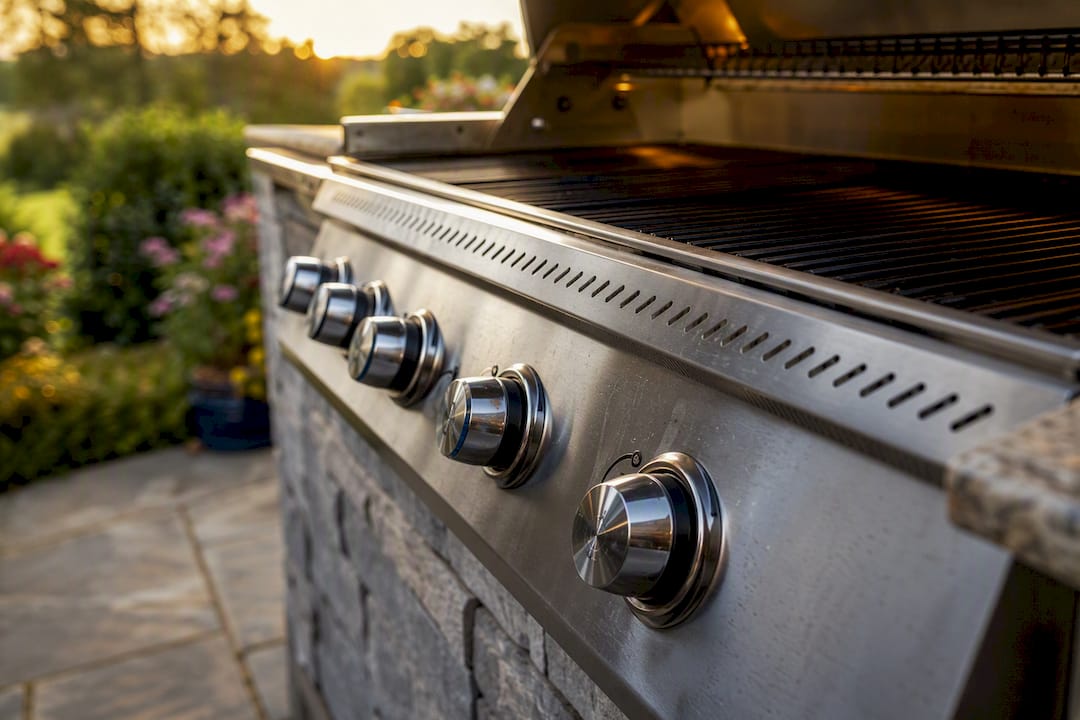 Close-up on stainless steel outdoor grill elements