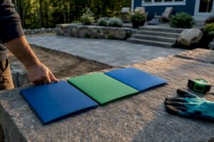 Three landscaping bid folders at a patio site