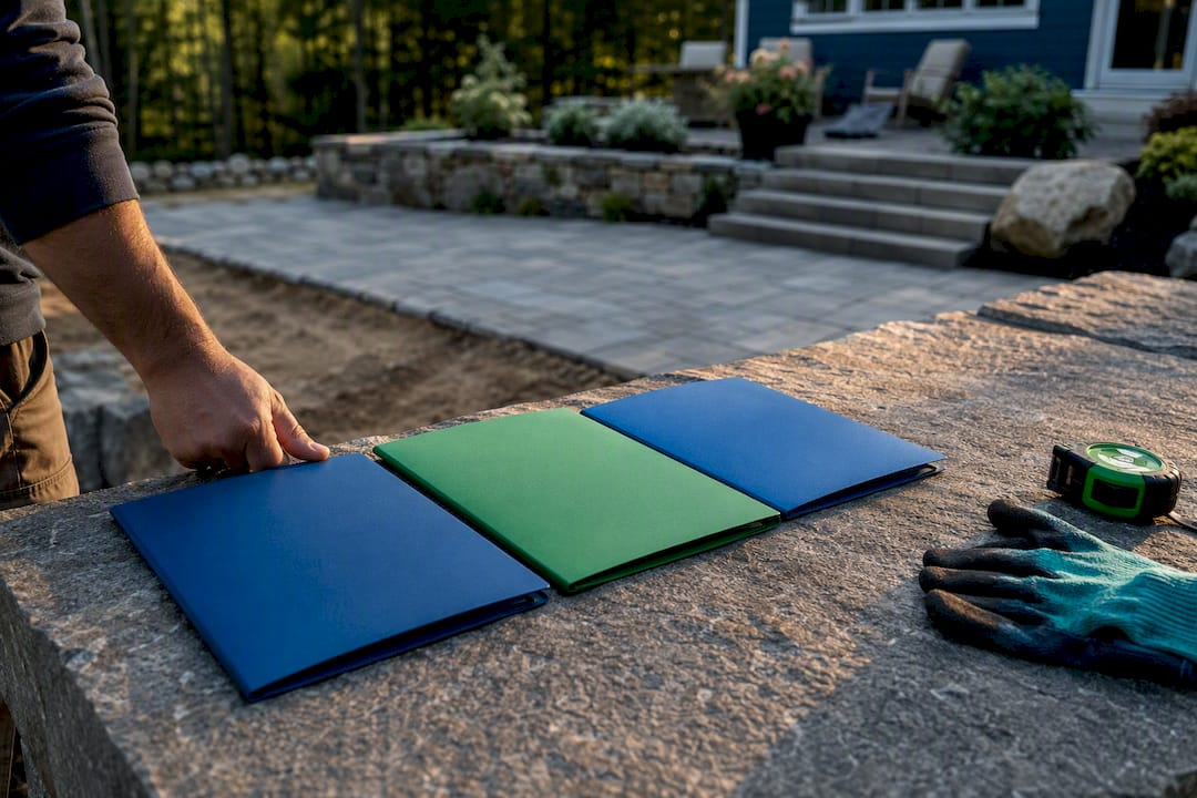 Three landscaping bid folders at a patio site