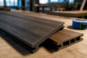 Composite deck boards showing capped edges