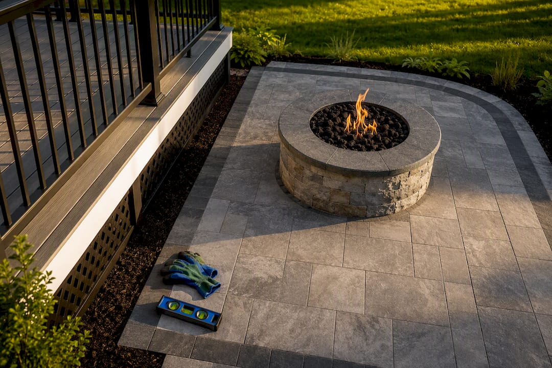 Stone fire pit pad beside elevated deck