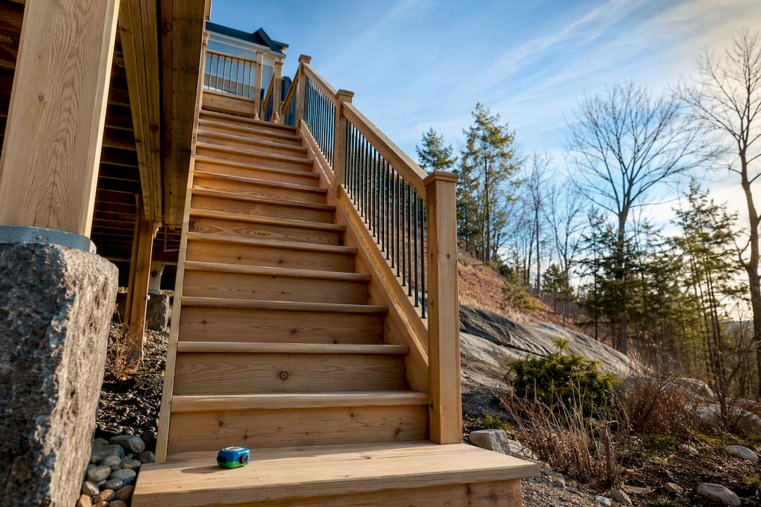 Code-compliant deck stairs on hillside home