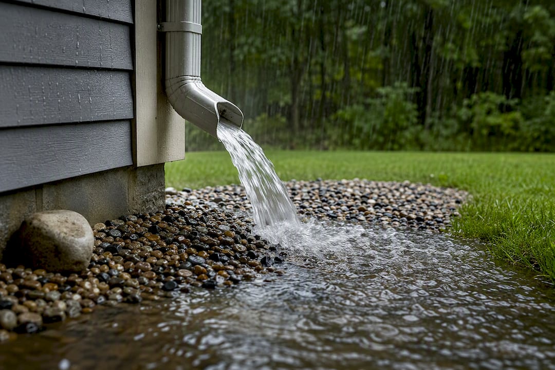 Downspout releasing runoff during storm