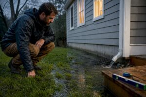 Homeowner inspecting standing water after rain