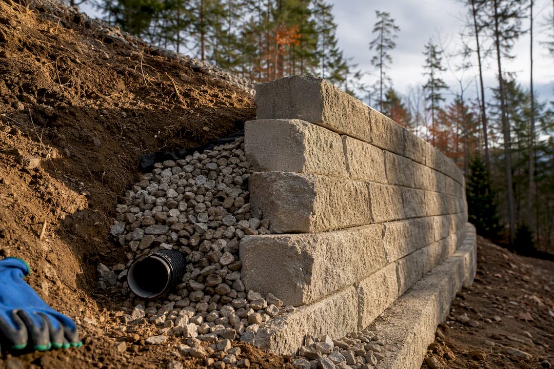 Exposed drainage assembly behind retaining wall