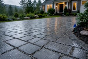 Rainwater filtering through permeable driveway pavers