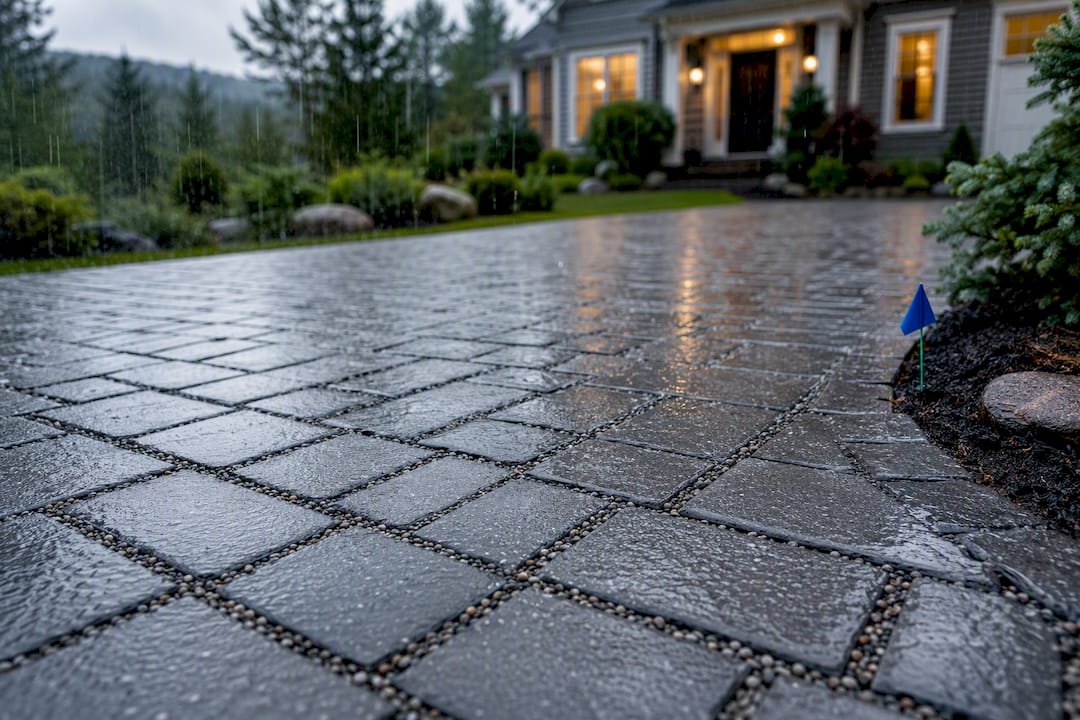 Rainwater filtering through permeable driveway pavers