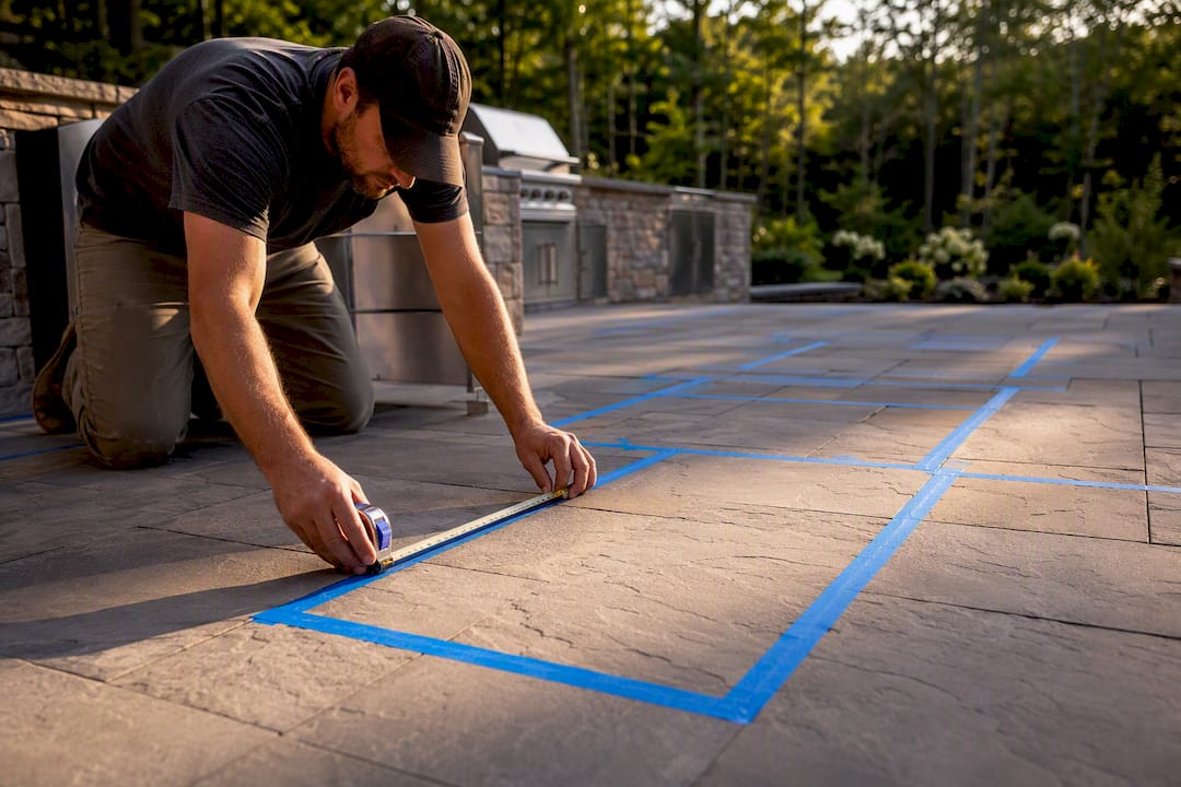 Full-scale tape layout on outdoor kitchen patio