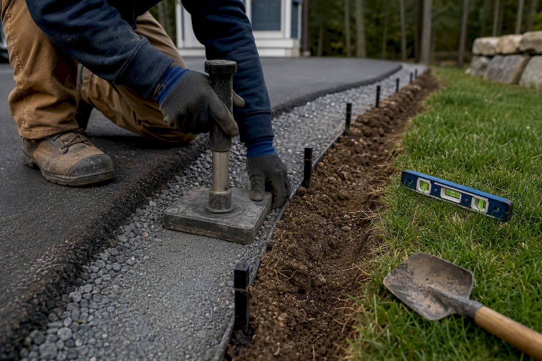 Contractor compacting driveway edging base