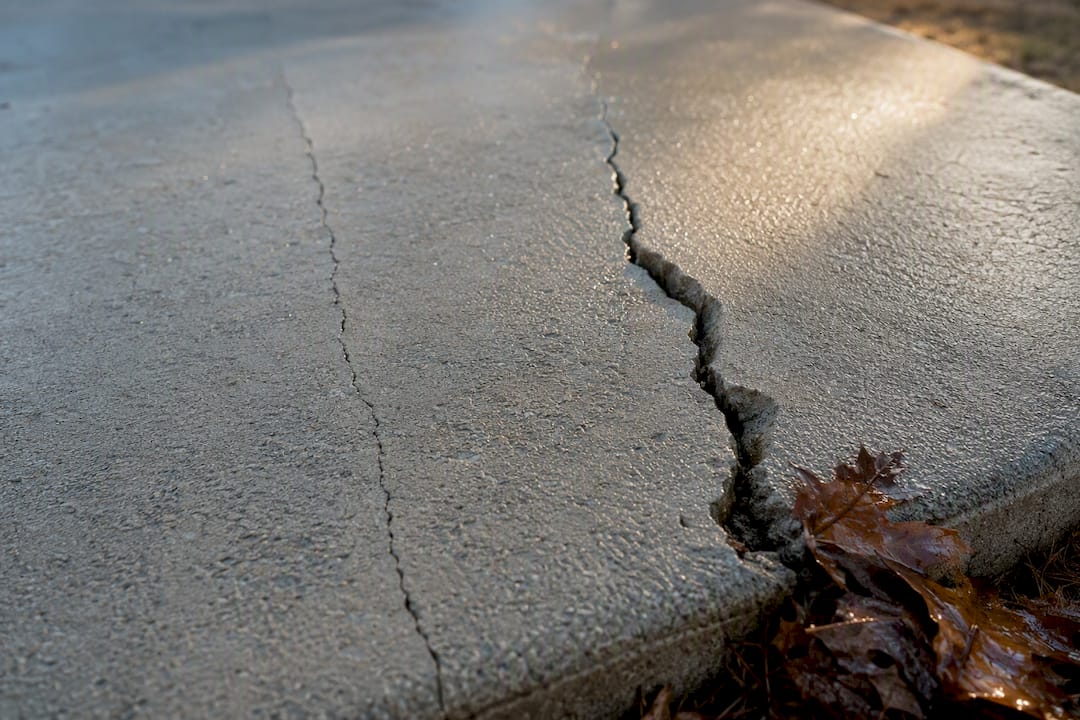 Concrete pad showing hairline and wide cracks