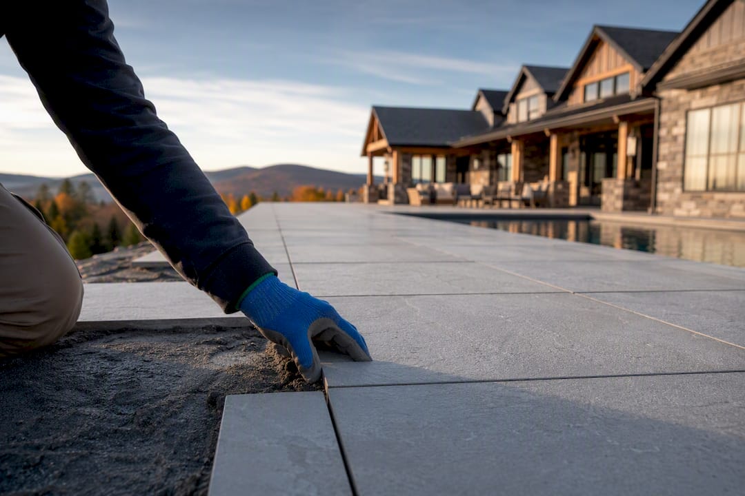 Porcelain pavers installed beside a New Hampshire home