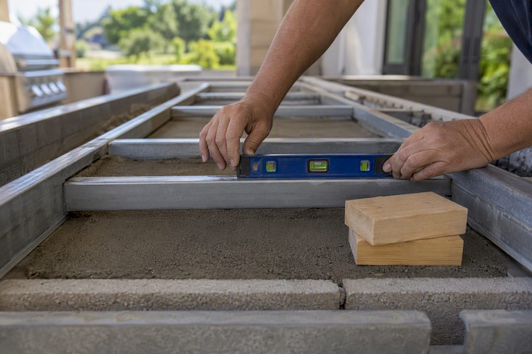 Contractor leveling outdoor countertop support base