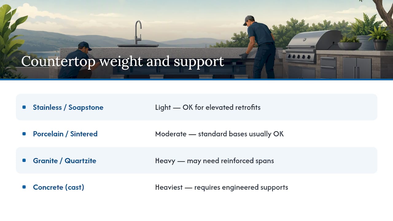 Relative countertop weights and support requirements