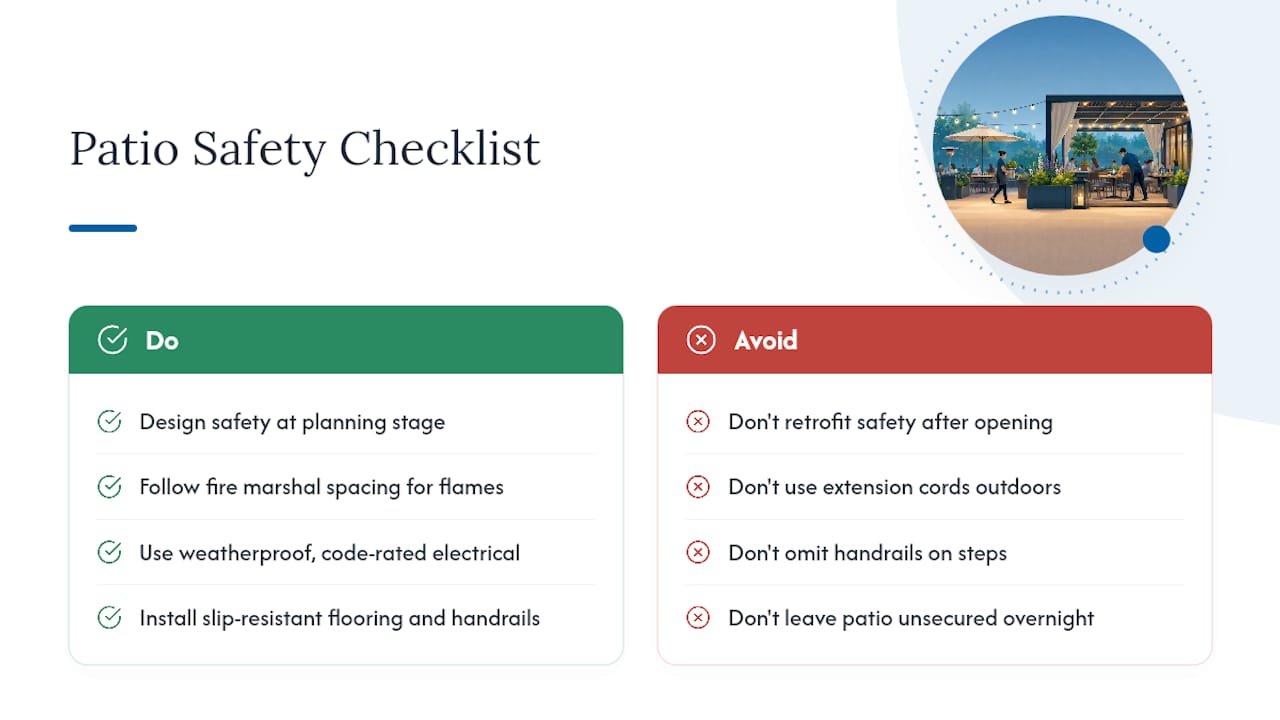 Safety and Security Features on a Restaurant Patio — overview diagram