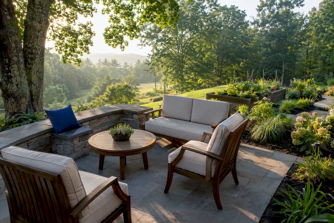 Patio integrated with garden beds and tree