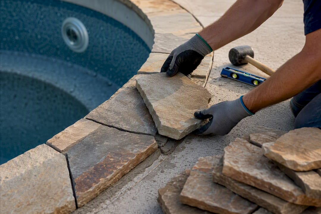 Natural stone coping arranged during dry lay