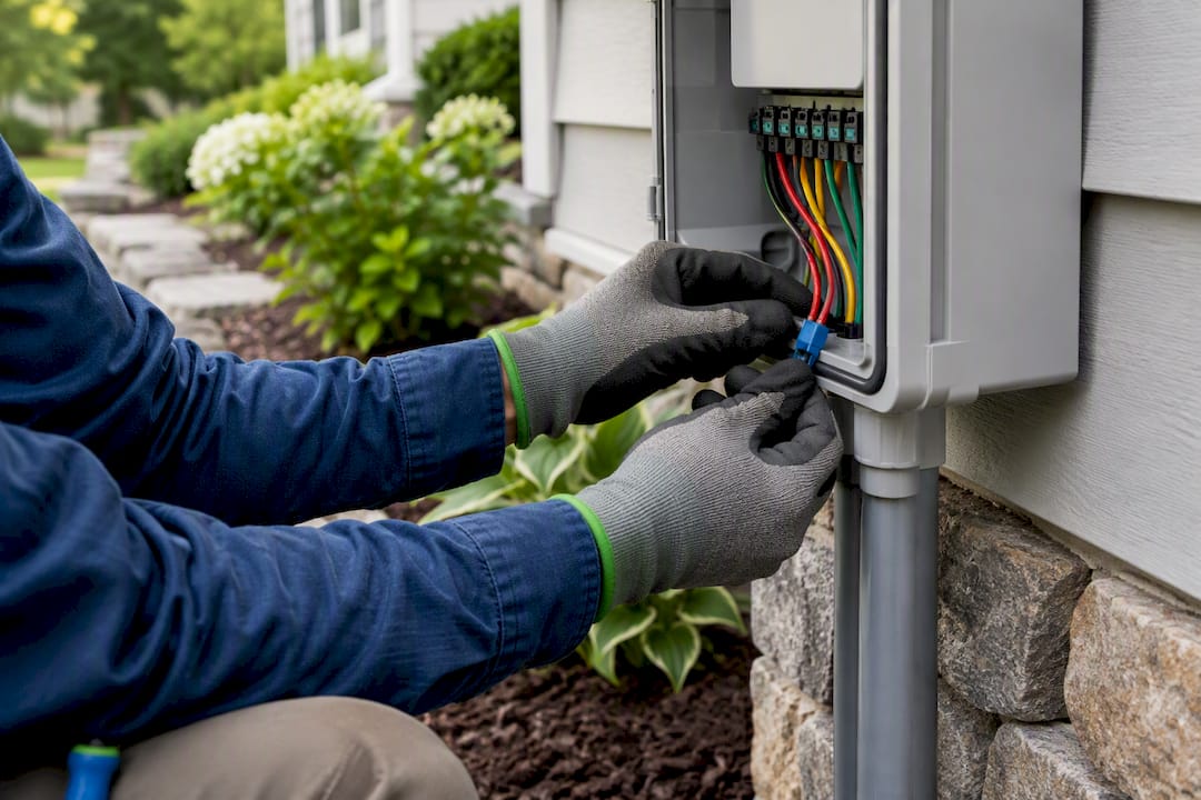 Technician connecting weatherproof irrigation enclosure