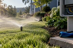Smart irrigation system watering a New Hampshire lawn