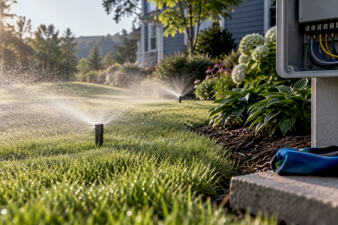 Smart irrigation system watering a New Hampshire lawn