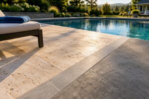 Contrasting pool patio materials beside water
