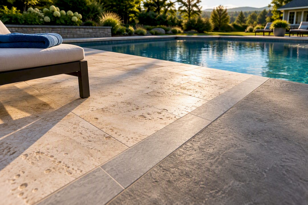 Contrasting pool patio materials beside water
